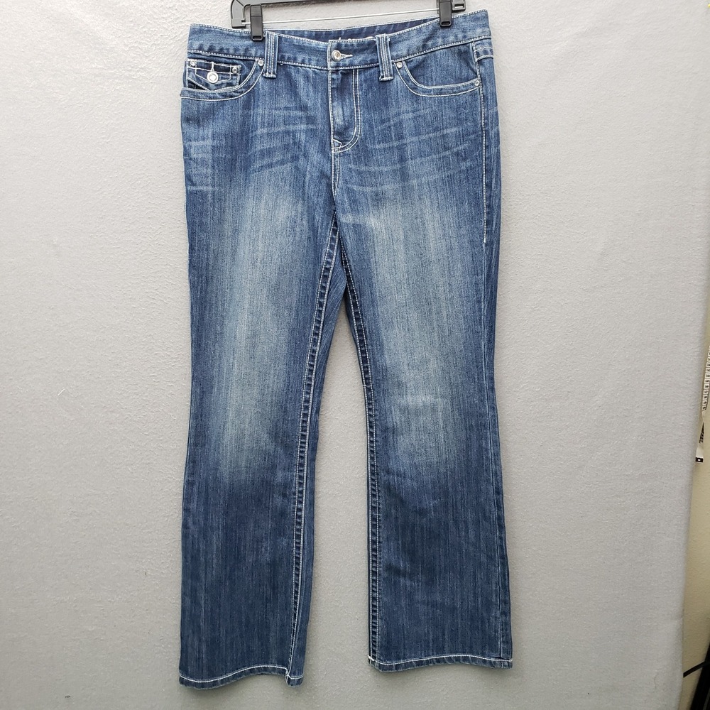 INC Denim Curvy Bootcut Jeans Flap Pocket Western Distressed Cowgirl Boho Sz 14